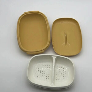 Vintage Tupperware 1273-3 Microwave Vegetable Steamer 6 Cup Harvest Gold 4 Pc‎